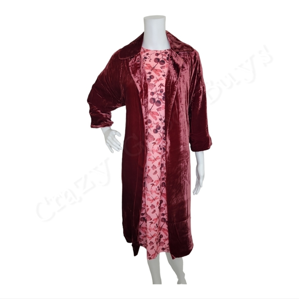 Spiegel Burgundy Silk Velvet Overcoat Topcoat w/ Single Button, 3/4 Sleeve, Midi